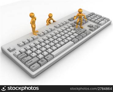 Three golden men typing on keyboard. 3d
