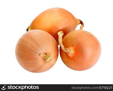 three golden onions, isolated on white background