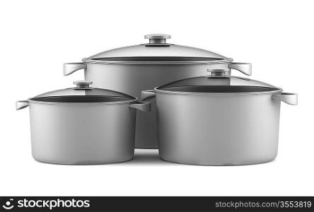 three gray cooking pans isolated on white background