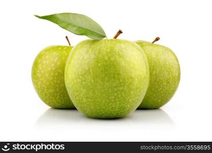 Three green apple fruits with leaf isolated on white background