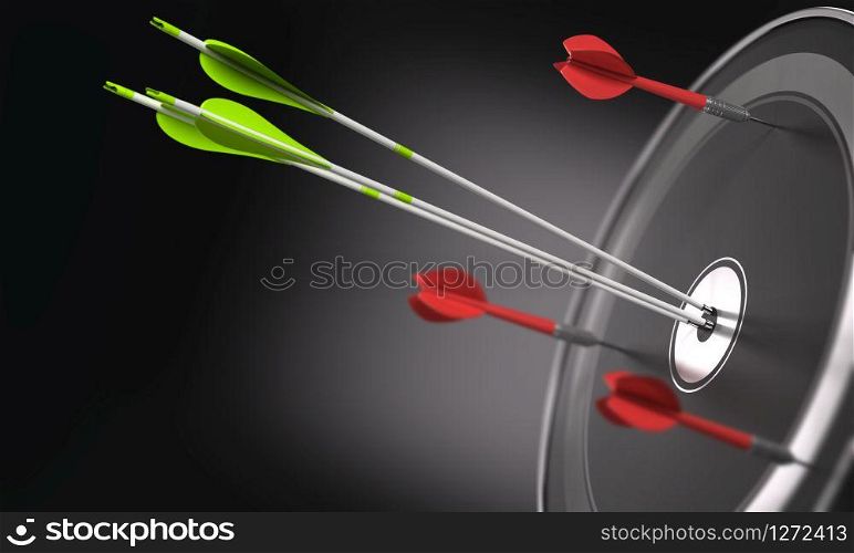 Three green arrows hitting the center of a black target and 3 darts out of the objective. Business strategy or competitive advantage concept. Space for text can be added on the left side of the image. 3D illustration. Competitive Advantage