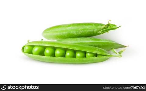 Three green peas in pods rotated isolated on white background