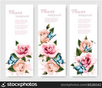 Three greeting cards with colorful flowers and butterflies. Vector illustration