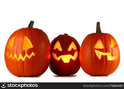 Three Halloween Pumpkins isolated on white background. Halloween Pumpkins on white