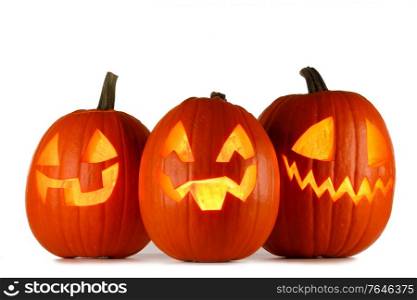 Three Halloween Pumpkins isolated on white background. Halloween Pumpkins on white