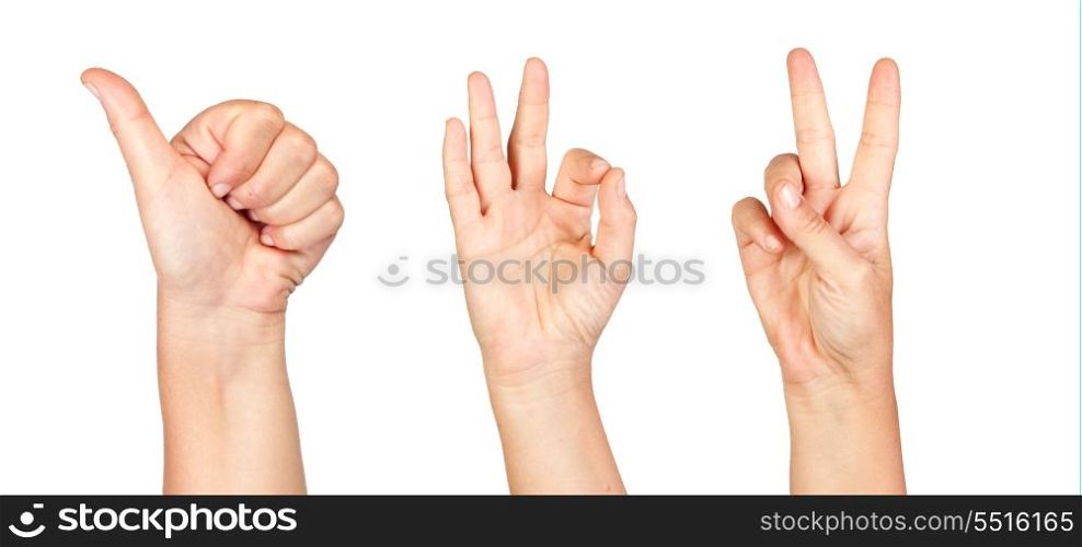 Three hands making the sign of Ok isolated on white background