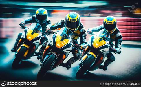 Three Handsome motorcyclist riding their super sport motorcycles. Moto racing. Generative ai art. Three Handsome motorcyclist riding their super sport motorcycles. Moto racing. Generative ai
