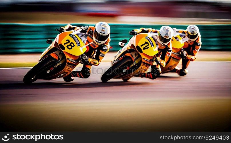 Three Handsome motorcyclist riding their super sport motorcycles. Moto racing. Generative ai art. Three Handsome motorcyclist riding their super sport motorcycles. Moto racing. Generative ai