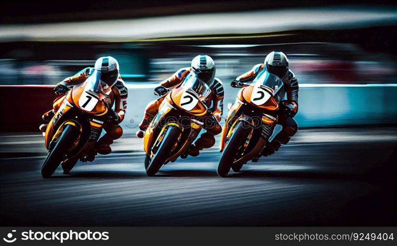 Three Handsome motorcyclist riding their super sport motorcycles. Moto racing. Generative ai art. Three Handsome motorcyclist riding their super sport motorcycles. Moto racing. Generative ai