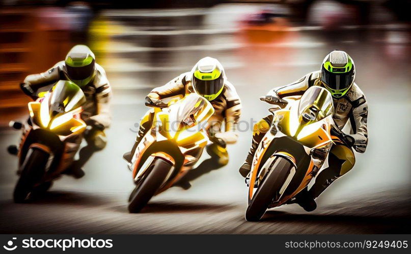 Three Handsome motorcyclist riding their super sport motorcycles. Moto racing. Generative ai art. Three Handsome motorcyclist riding their super sport motorcycles. Moto racing. Generative ai