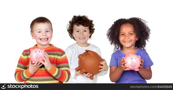 Three happy children with piggy-banks isolated on a white background