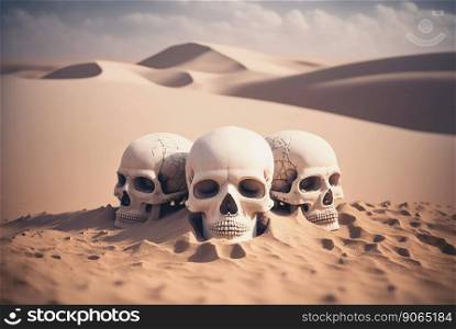 Three human skulls in desert sand. Dangerous wild landscape. Generative AI.. Three human skulls in desert sand. Dangerous wild landscape. Generative AI