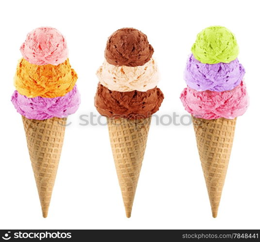 Three Ice cream with cone on white background with clipping path.. Ice Cream cone