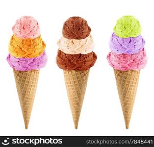 Three Ice cream with cone on white background with clipping path.. Ice Cream cone