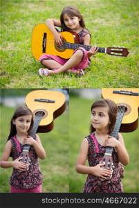 Three images of a beautiful girl with a guitar in the park