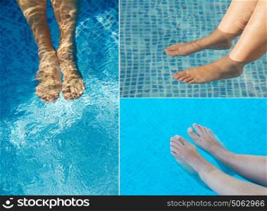 Three images of feet in the pool