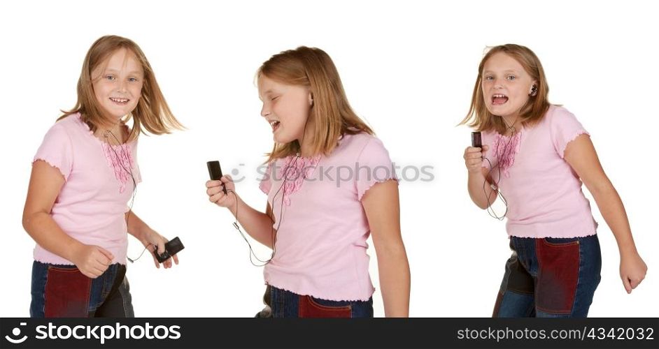three images of young girl dancing with generic mp3 isolated on white