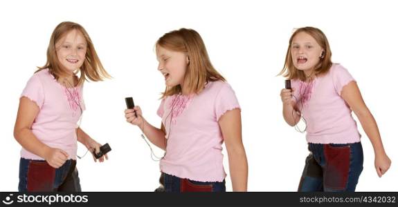 three images of young girl dancing with generic mp3 isolated on white
