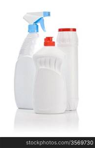 three kitchen white cleaning bottles