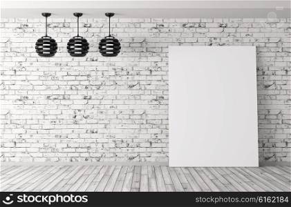 Three lamps and poster in room with brick wall interior background 3d rendering