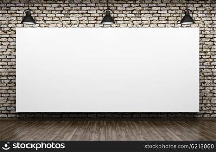 Three lamps and poster in room with brick wall interior background 3d rendering
