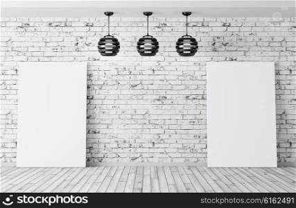 Three lamps and two posters in room with brick wall and wooden floor interior background 3d rendering