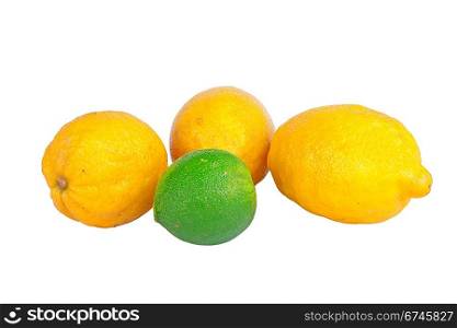 Three lemons and lime with clipping path on white background
