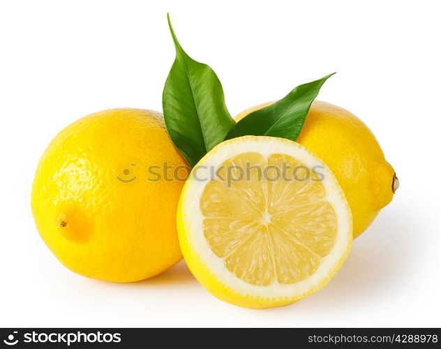 Three lemons with leaves isolated on white background