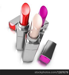 three lipsticks over white background, view from top, red, pink, purple colors. three lipsticks over white
