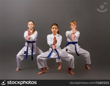 three little karate girls in a white kimono and blue belts perform a beautiful team kata on a dark background. three karate girls