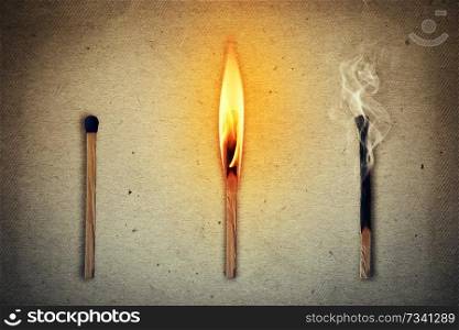 Three matches: the whole, the burning and extinguished. Life cycle matches symbolizing human
