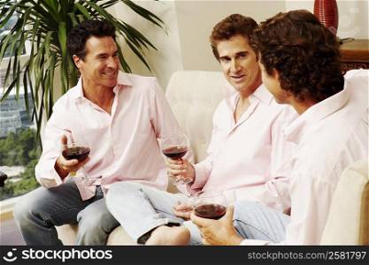 Three mature men sitting together and holding glasses of wine
