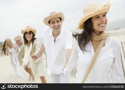 Three mature women and two mature men holding each other&acute;s hands on the beach