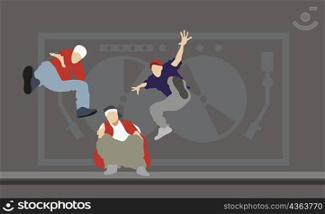 Three men dancing in front of a turntable