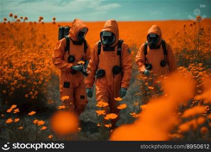 three men in orange Hazmat suits wander through a field of orange toxic flowers created by generative AI 