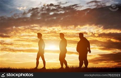 Three men silhouettes with different body types on a sunset sky. Body shape transformation and healthcare. 3D illustration.. Three men silhouettes with different body types on a sunset sky