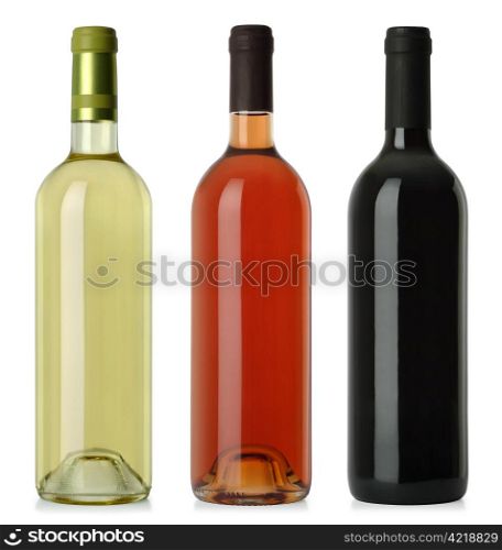 Three merged photographs of white, rose, and red wine bottles. Separate clipping paths for each bottle included.