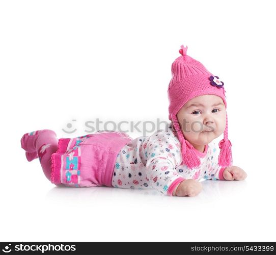 Three month baby weared in fashion hat with pigtails and scarf isolated on white