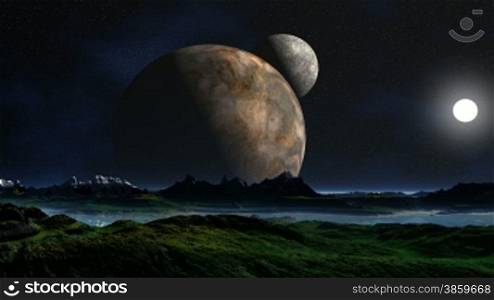 Three moon against a mountain landscape