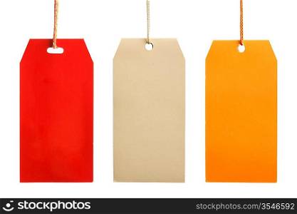 Three multicolored paper tags isolated on white background