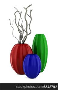 three multicolored vases with dry wood isolated on white background