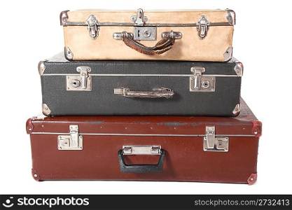 three old dirty dusty suitcases. all suitcases is closed. Isolated.