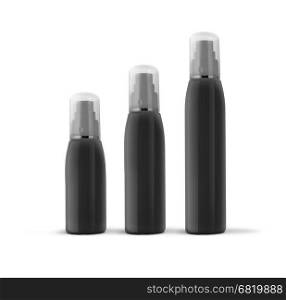 Three orange container suntan isolated on white background. Black cosmetic spray bottles set isolated on white background