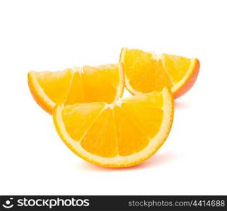 Three orange fruit segments or cantles isolated on white background cutout