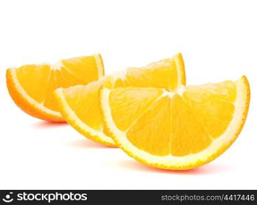 Three orange fruit segments or cantles isolated on white background cutout