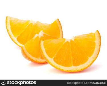 Three orange fruit segments or cantles isolated on white background cutout