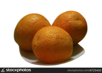 Three oranges on the white plate isolated on the white background