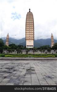 Three pagodas on the square in Dali, China