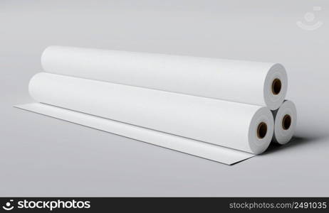 Three paper rolls on gray background. Object and industry concept. 3D illustration rendering