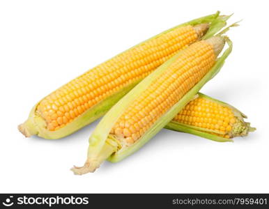 Three partially peeled corn cob lying cross isolated on white background